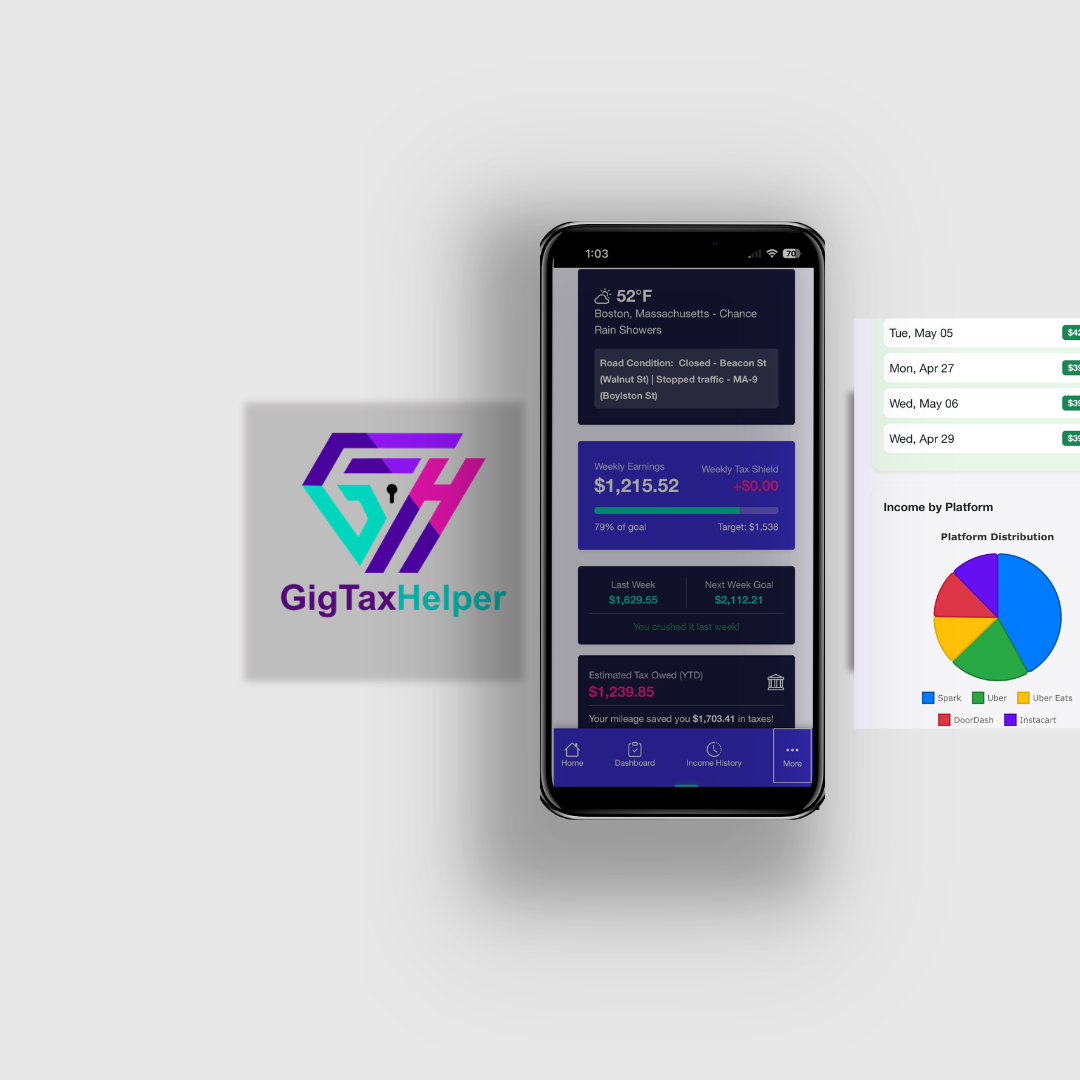 GigTaxHelper featured app mockup with logo and dashboard chart